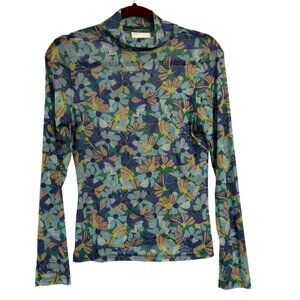 Anthropologie Maeve Sheer Mesh Floral Turtleneck Top in Blue Motif Size‎ S